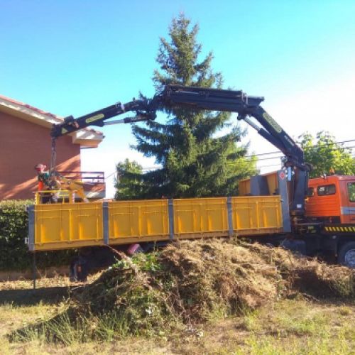 Camión grúa recogiendo elementos de jardín